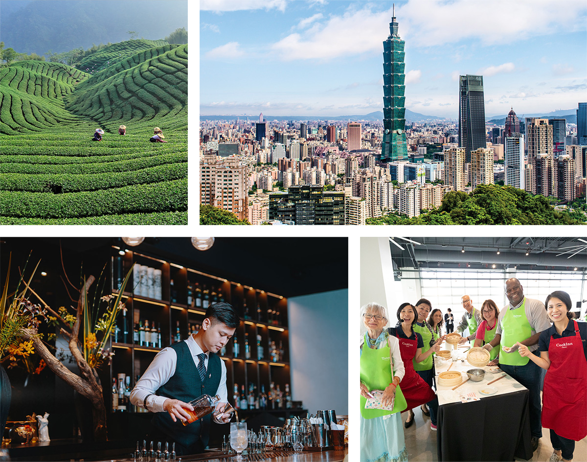 A photo collage featuring a bartender, indigenous dancers, a skyscraper, and formal place settings. Taiwan: the heart of Asia