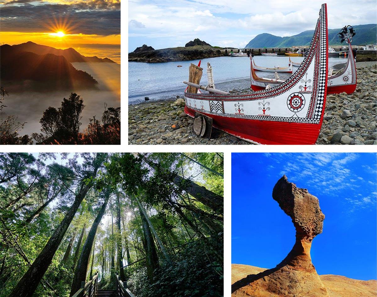 A photo collage featuring a sunrise over mountains, indigenous boats, a trail in the rainforest, and an ancient rock formation.